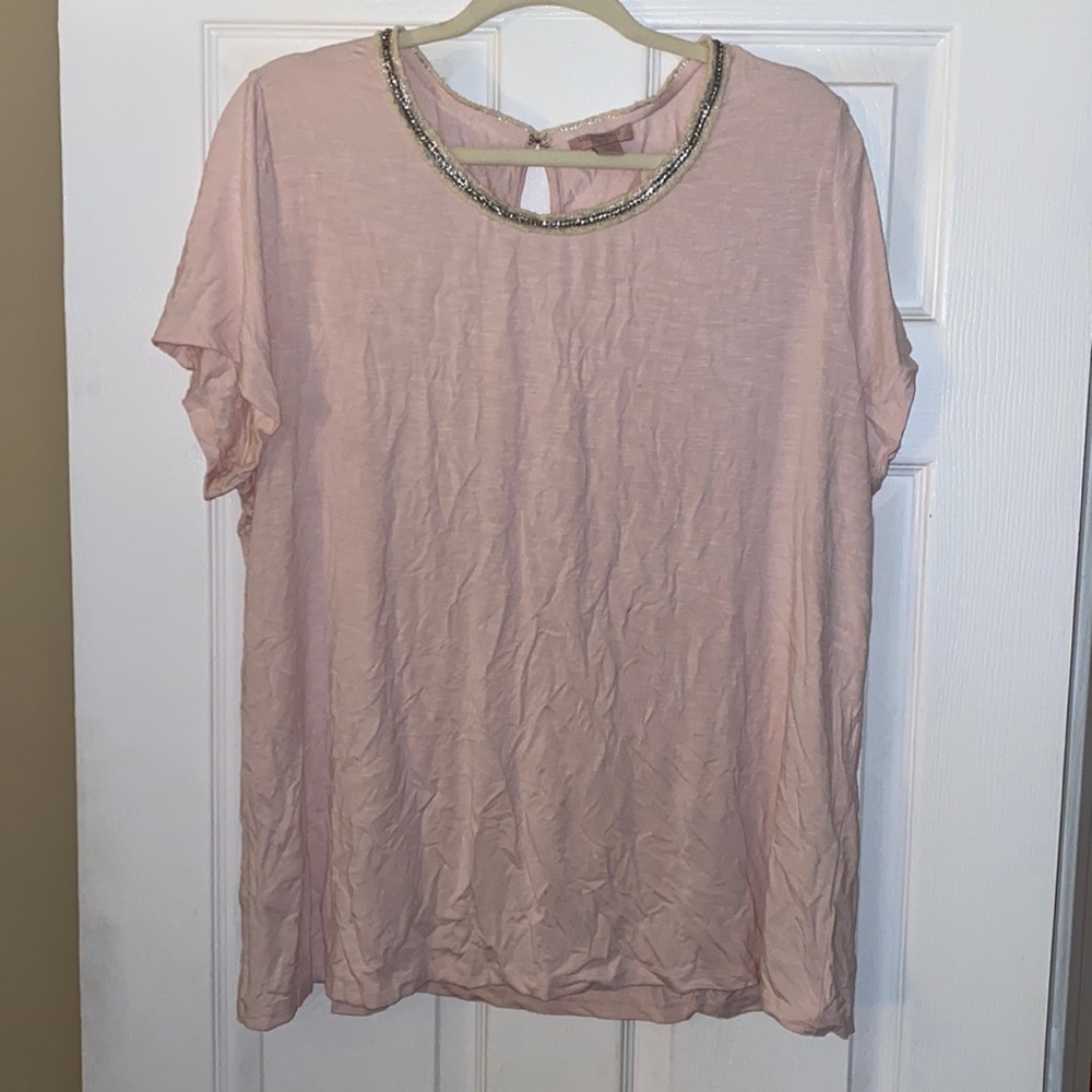 Saint Tropez West Plus Size 2X Pink Tee with Crystal Neckline Detail